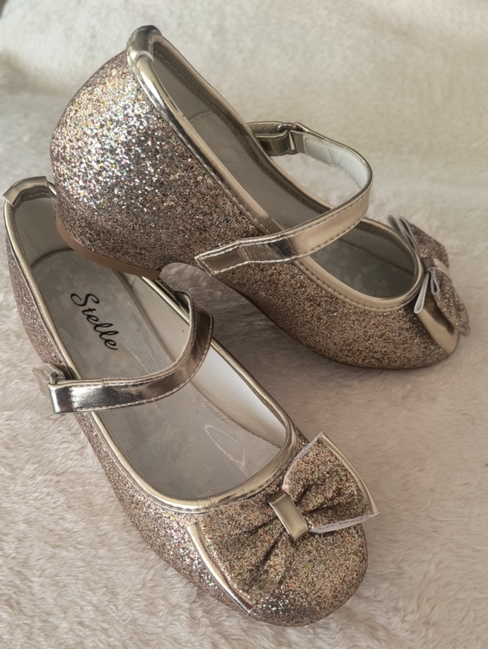 Girls' Glitter Bow Mary Janes in Metallic Gold